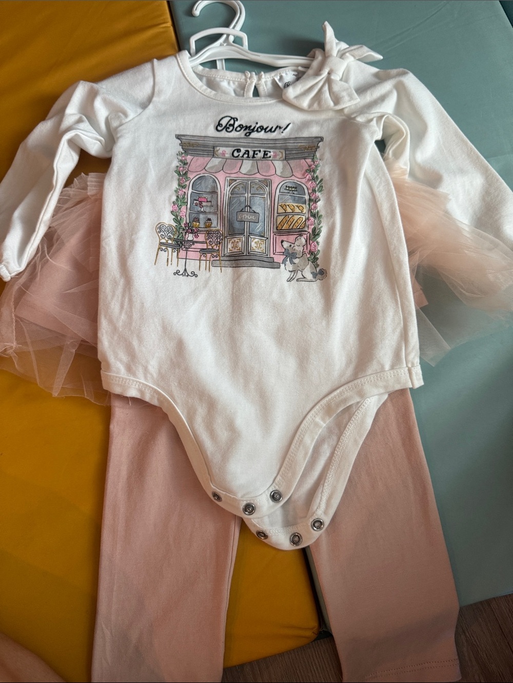 Rare Editions White & Pink Bonjour Cafe Tutu Bodysuit with Leggings